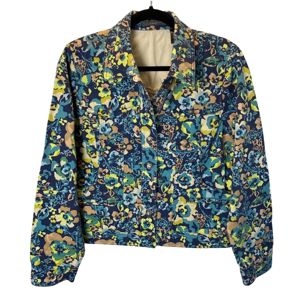 Liz Claiborne Floral Jean Jacket Womens Large Artsy Garden Cottagecore Granny